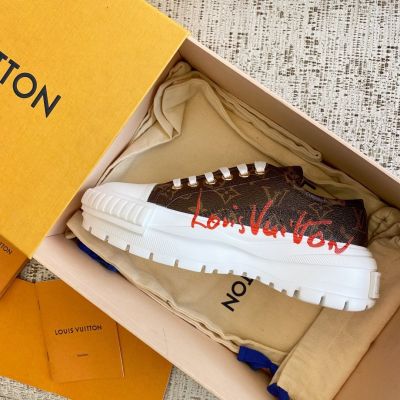 Women's Brown Monogram Pattern Leather Red Brand Lettering Low-top - Copy Louis Vuitton Squad Sneaker Store