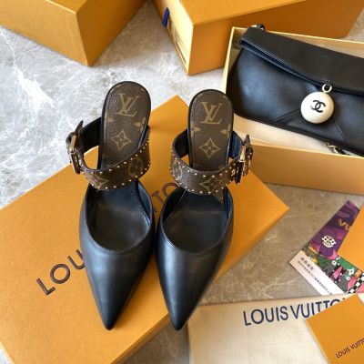 Women's Black Leather Pointed Toe Slim Squared Heel Brown Monogram Print Buckle Strap - Top-rated  LV Slingback Sandals