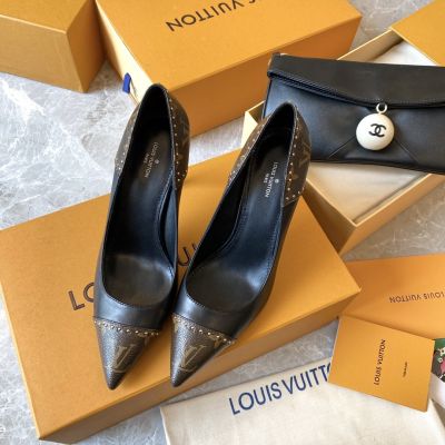 Ladies'  Louis Vuitton Black Leather Pointed Toe Gold Dots Embellished Brown Monogram Mid & High Heels Pumps