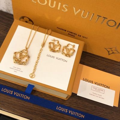 Louis Vuitton Garden Women's Yellow Golden Circular Knit LV Letter Symbol Necklace & Ear Stud Jewelry Set