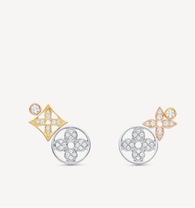  Louis Vuitton Idylle Blossom Women's Silver Rounded Flower & Yellow Star Flower & Rose Gold Clover Flower Asymmetric Earrings Q96835