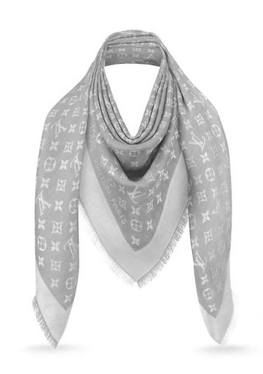  Louis Vuitton Monogram Shine Logo Pattern Tassel Design Women Pearl Grey Silk & Wool Square Shawl Price List M70804