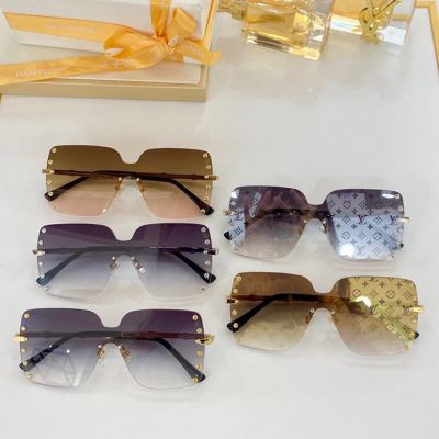 Fashionable Brown Resin Lens Engraved Metal Rivets Gold Temples Black Tip -  Louis Vuitton Unisex Rimless Sunglasses