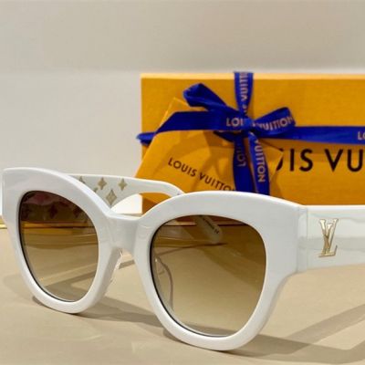 Vogue White Acetate Frame Yellow Lens Monogram Pattern Embellished Wide Legs LV Mark -  Louis Vuitton Female Cat Eye Eyeglass 