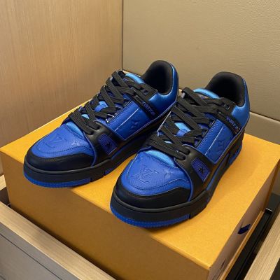 Cheapest Unisex  Louis Vuitton Trainer Embossed Monogram Black & Blue Leather Sneakers Hot Sale Singapore