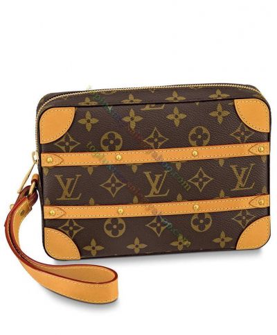  Louis Vuitton Monogram Soft Trunk Brass Studs Coffee Leather Belts Detail Ladies Brown Canvas Fashion Zipper Pouch