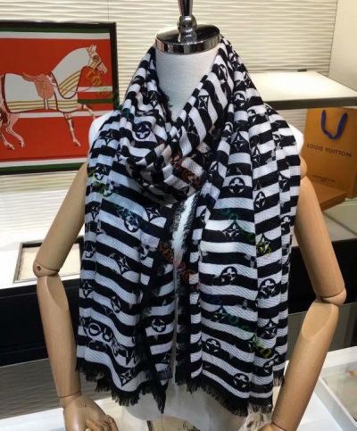  Louis Vuitton Black & White Bicolor Striped Style Monogram LV Flower Pattern Female Shawl Silk & Cashmere Long Scarf