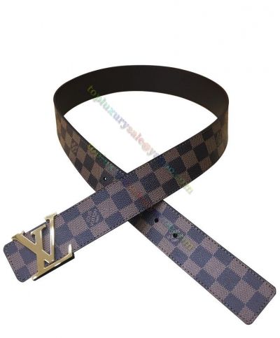 Best Website Louis Vuitton Men's Damier Motif Yellow Gold LV Initiales Buckle Brown Canvas & Calfskin Leather  Reversible Belt