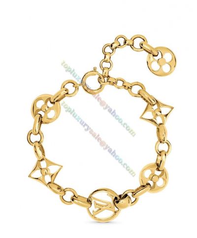  Louis Vuitton Neutral Crazy In Lock Alternating Hollow LV Circles & Monogram Flowers Chain Links Gold Bracelace M00376