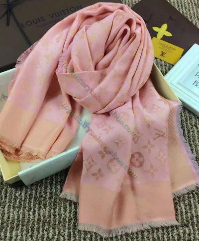 Louis Vuitton Shine Gold Monogram Pattern Tassel Trimming Pink Silk & Wool Scarf Square Shawl For Ladies UK