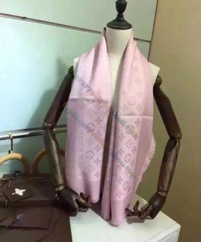 Louis Vuitton Monogram Shine Silk & Wool Shawl Women Silver Flower Pattern Pink Cashmere Scarf For Sale M76632