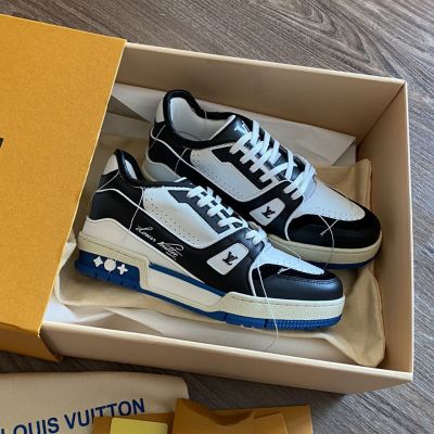 High End Black & White Leather Suede Trim Blue Outsole -  Louis Vuitton Trainer Sneaker Website Store