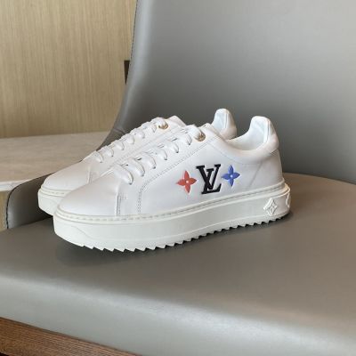 Clone Louis Vuitton Time Out High Platform White Leather Blue & Pink Classic Monogram Print Women's Sneakers