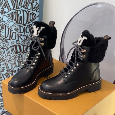 Women's Winter Black Leather Fluffy Shearling Collar & Tongue - Copy Louis Vuitton Territory Flat Ranger Boots Store