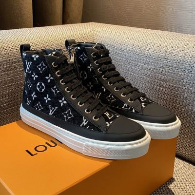 High End Black Matte Leather White Monogram Pattern Cotton Material -  Louis Vuitton Female High-top Trainer