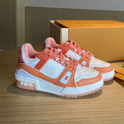 Clone Louis Vuitton Trainer White Embossed Monogram White & Orange Leather & Rubber Material Sneakers