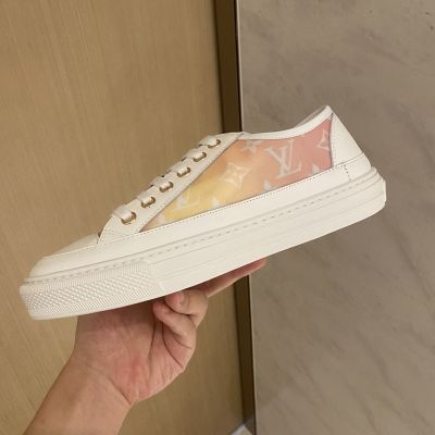 Women's Gradient Pink & Yellow Technical Monogram Pattern Fabric White Leather  - Best Selling  Louis Vuitton Stellar Sneaker