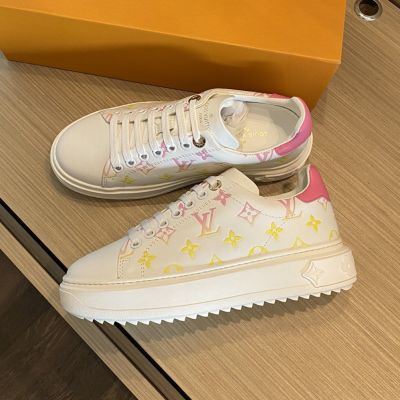 High-End  Louis Vuitton Time Out Pink & Blue Gradient Monogram Pattern White Leather Jagged Platform Sneakers