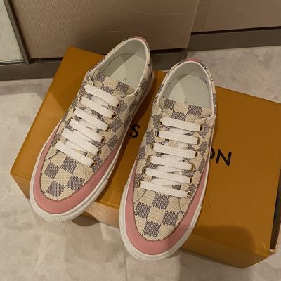 Female  Louis Vuitton Damier Azur & Beige Checkerboard Canvas Pink Leather Trim Flat Sole Low-top Sneakers