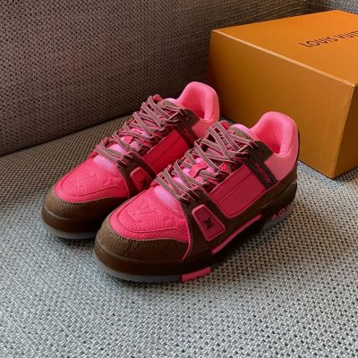 Unisex  Louis Vuitton Trainer Sneakers Pink Leather Brown Fabric Trim & Laces Gel-infused Rubber Outsole Sneakers