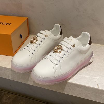 Women's  Louis Vuitton Time Out Monogram Transparent Pink Rubber Sole Gold LV Hardware White Leather Sneakers