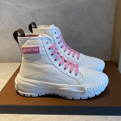 Hot Selling Female Knockoff Louis Vuitton Squad White Canvas & Leather Pink Shoelace Rubber Sole High-top Sneakers