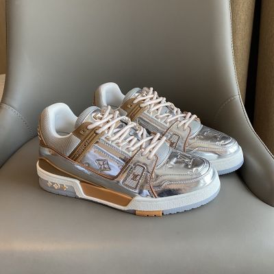 Best-selling Unisex  Louis Vuitton Trainer Monogram Print Mirrored Silver Calf Leather Gel-infused Rubber Sole Sneaker
