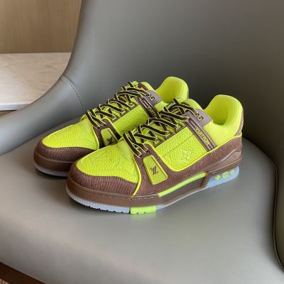 Unisex Louis Vuitton Trainer Embossed Monogram Pattern LV Heel Patch Neon Yellow Leather & Brown Fabric Sneakers