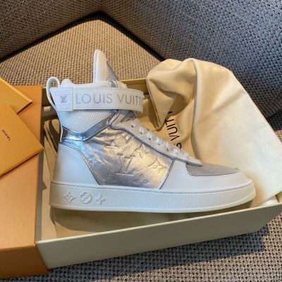  AAA Louis Vuitton Boombox White Leather Silver Embossed Monogram Velcro Design High Top Sneaker UK