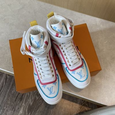 Hot Selling Female Knockoff Louis Vuitton Boombox Pink & Blue Monogram White Leather High-top Velcro Strap Sneakers
