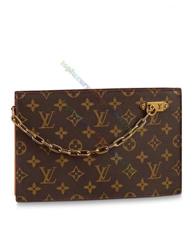  Louis Vuitton Rochelle Monogram Pattern Retro Brass Chain Trimming Women Brown Top Styles Classic Canvas Zipper Clutch