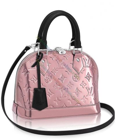 Louis Vuitton Alma BB Monogram Embossing Sweet Pink Patent Leather Black Leather Rounded Handles Female Crossbody Bag
