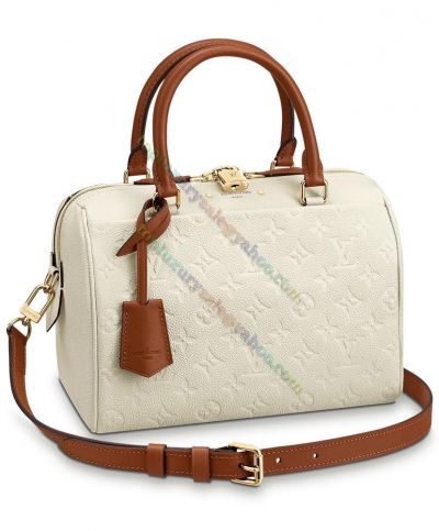  Louis Vuitton Speedy Bandouliere 25 Monogram Embossing Cream & Coffee Cowhide Leather Women Crossbody Bag 