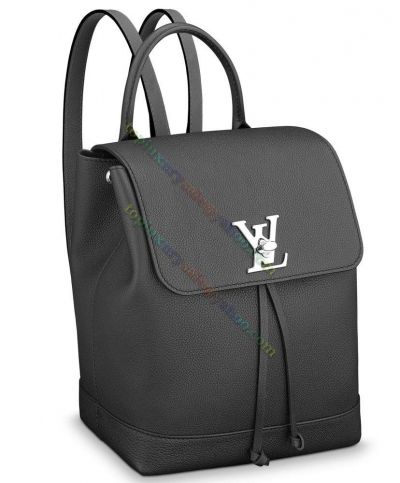 Louis Vuitton Lockme Medium Black Grained Leather Silver LV-Shaped Turn Lock Women Drawstring Flap  Backpack Online
