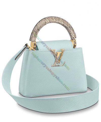  Louis Vuitton Capucines Mini Blue Taurillon Leather Reptile Skin Grip & Lv Mark Magnetic Lock Top Quality Women's Tote Bag 