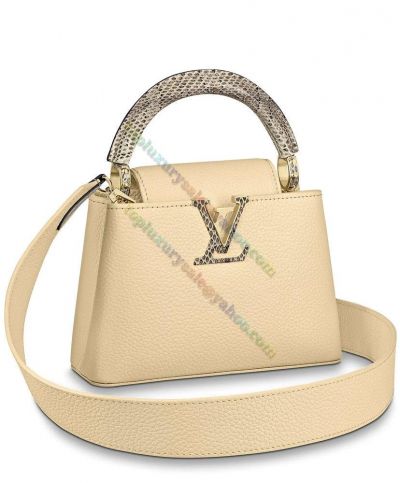  Louis Vuitton Female Capucines Mini Beige Taurillon Leather Ayers Snakeskin Handle & Lv Symbol Multi Compartmented Handbag