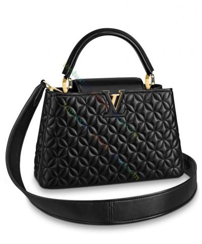Louis Vuitton Capucines PM High End Quilting Monogram Flower Design Black Lambskin Removable Extra Wide Strap Women's Shoulder Bag M55366