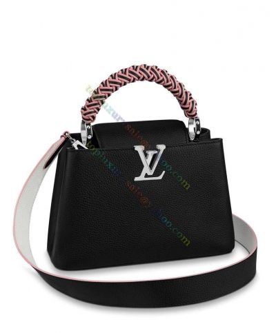  Louis Vuitton Capucines BB Silver LV & Monogram Buckle Bi-color Woven Top Handles Lady Black Taurillon Leather Flap Bag