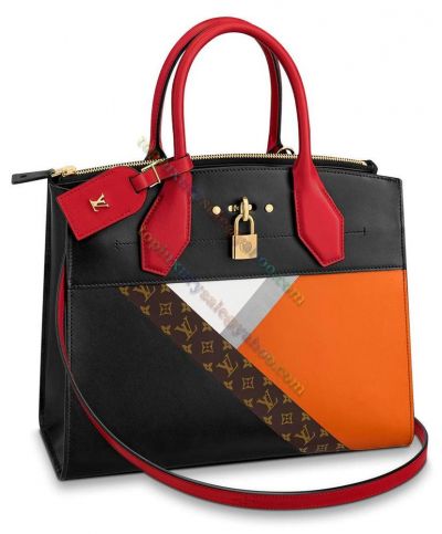  Louis Vuitton City Steamer MM Golden Padlock Colorful Leather Patchwork Monogram Printing Fashion Medium Crossbody Bag Orange