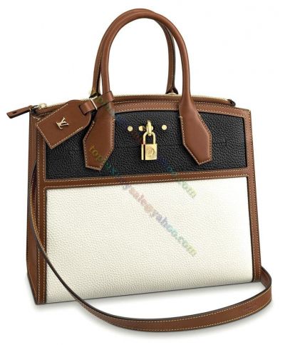  Louis Vuitton City Steamer MM Double Top Handles Padlock Female Black & Cream & Brown Tricolor High Quality Crossbody Bag