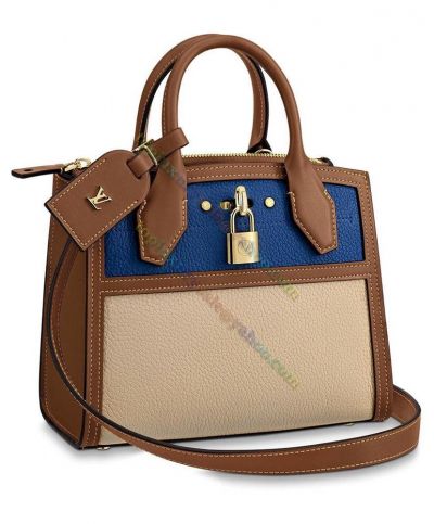 Louis Vuitton City Steamer Mini Golden Padlock Trimming Women Blue & Beige Grained Leather Fashion Tote Bag