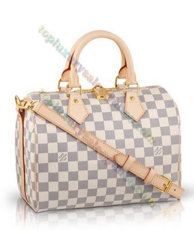  Louis Vuitton Speedy Damier Printing N41374 Beige Leather Double Top Handle Padlock Detail Ladies Zipper Boston Bag 25