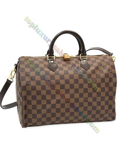 Louis Vuitton Speedy 35 Damier Motif Brown Leather Handle Women Large Brown Canvas Zipper Tote Bag Sale Online