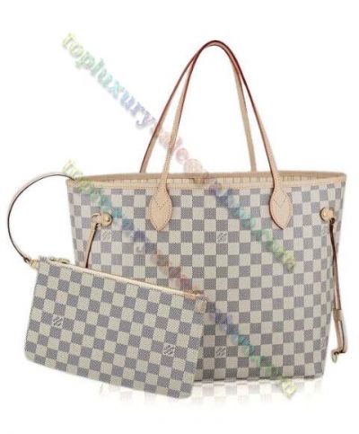 Copy Louis Vuitton Neverfull GM Damier Azure White Canvas Beige Leather Lady Spring Fashion Tote Bag Online N41361