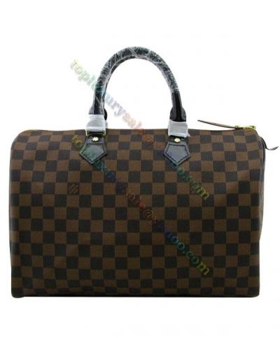  Louis Vuitton Speedy Damier Pattern Black Leather Detail Female Brown Canvas Tote Bag High Quality Bostone Bag Online