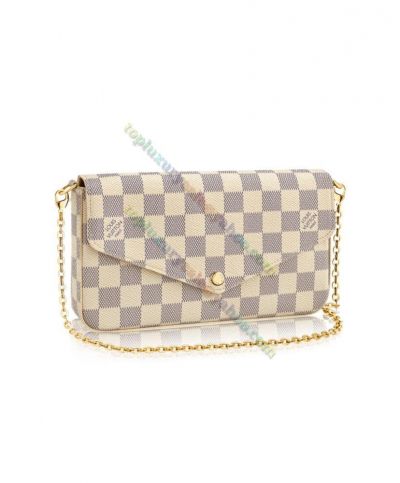 Louis Vuitton Pochette Felicie Lady Damier Azur Pattern Chain Strap Sweet Style Envelope Flap White Canvas Crossbody Bag N63106