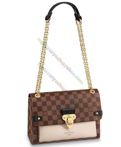  Louis Vuitton Damier Vavin PM Brown Canvas Golden Signature Lock Beige Leather Front Pocket Women Medium Chain Shoulder Bag