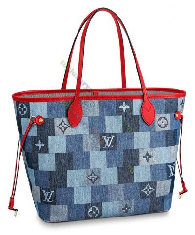  Louis Vuitton Neverfull MM Damier Pattern Red Leather Motif Female Blue Canvas Shoulder Bag