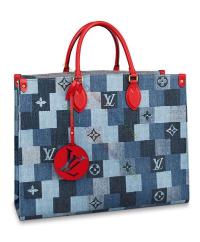  Louis Vuitton Onthego Damier & Monogram Pattern Red Leather Detail Blue Canvas GM 2022 Top Sale Women's Tote Bag