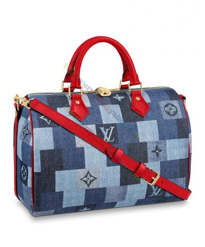 Louis Vuitton Damier Speedy Bandouliere 30 Monogram Pattern Red Leather Detail Blue Denim Canvas Crossbody Bag For Ladies